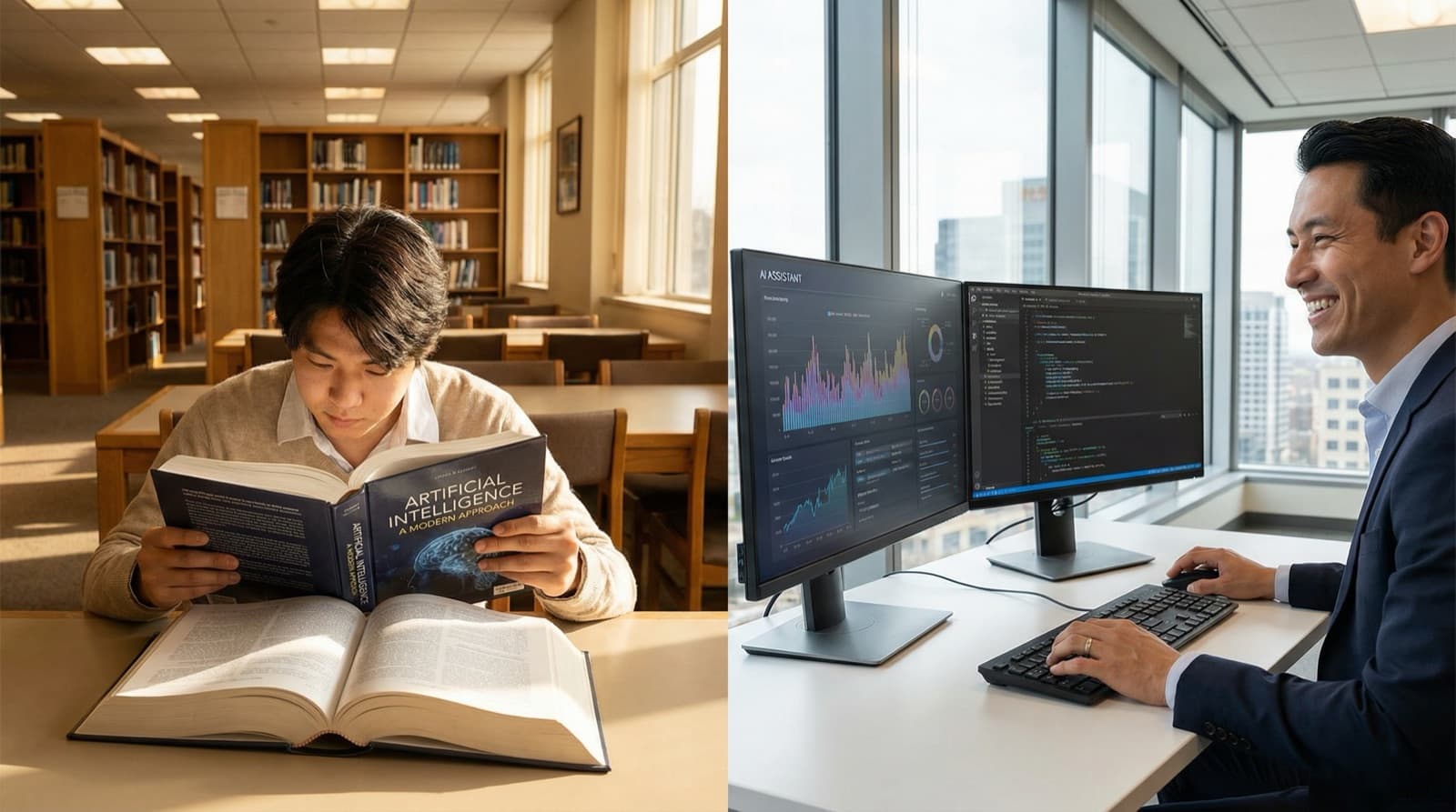 Split scene showing a person reading about AI in a library versus a professional confidently using AI tools at work