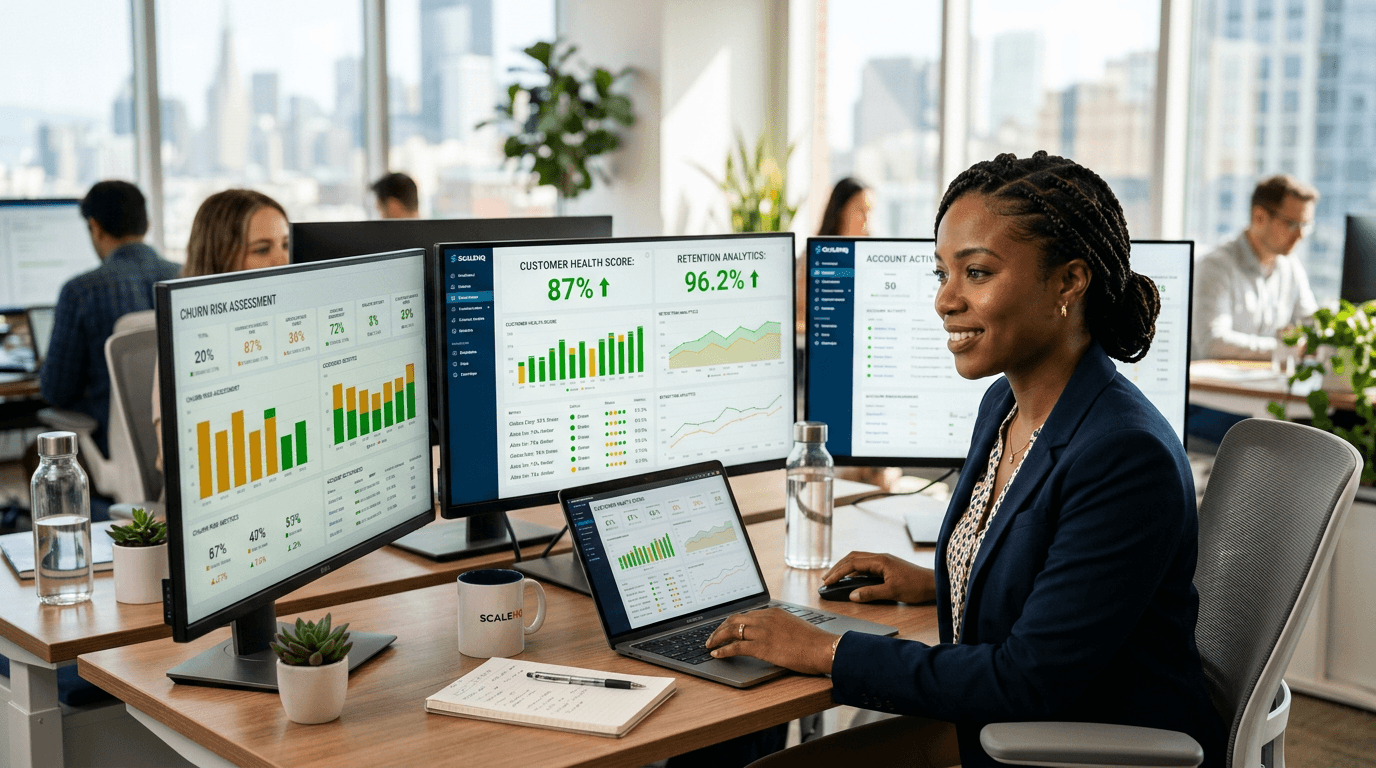 Customer success manager reviewing AI-powered health score dashboards and customer data on multiple monitors in a modern office