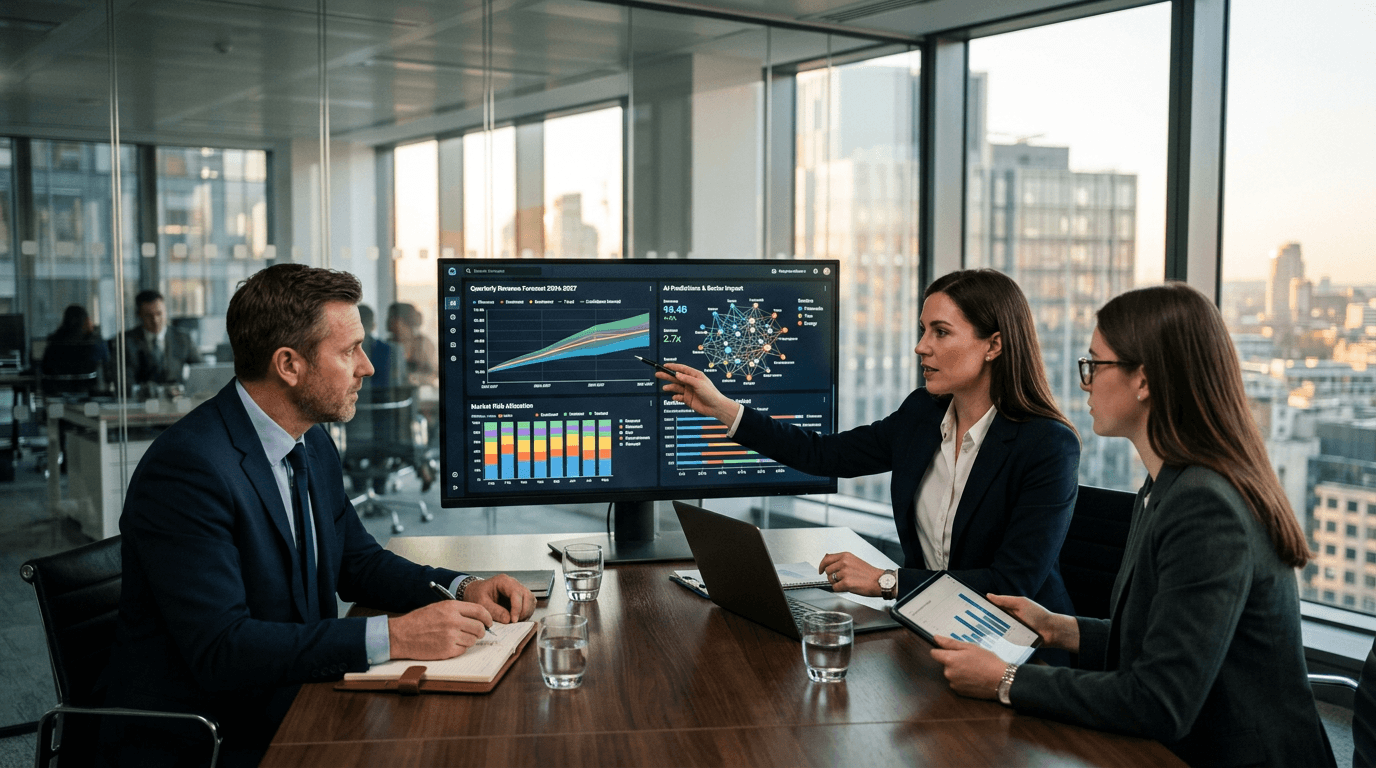 Finance professionals reviewing AI-powered analytics dashboards and financial data visualizations in a modern office environment