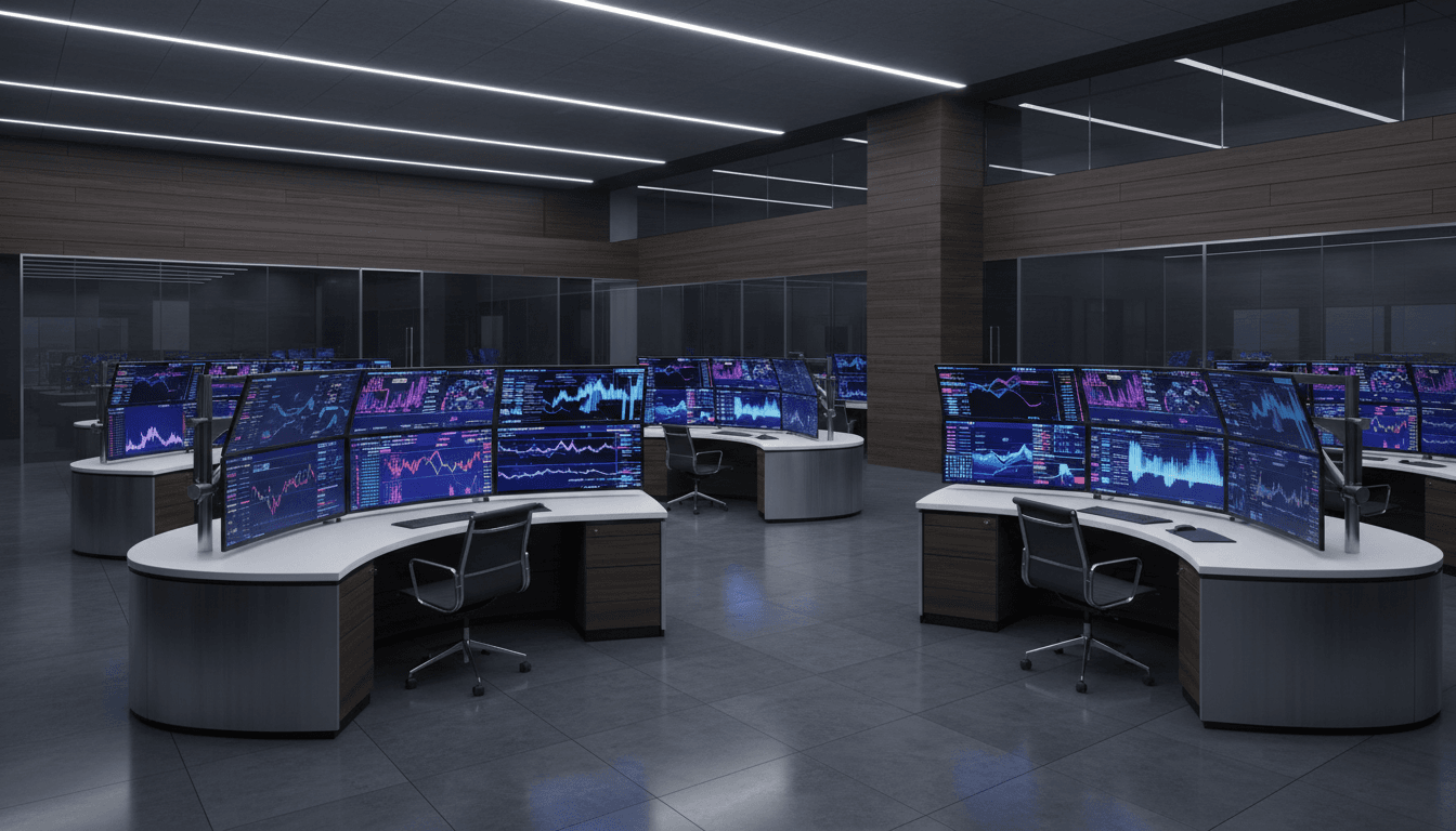 Banking professionals reviewing AI-powered analytics dashboards in a modern financial services office