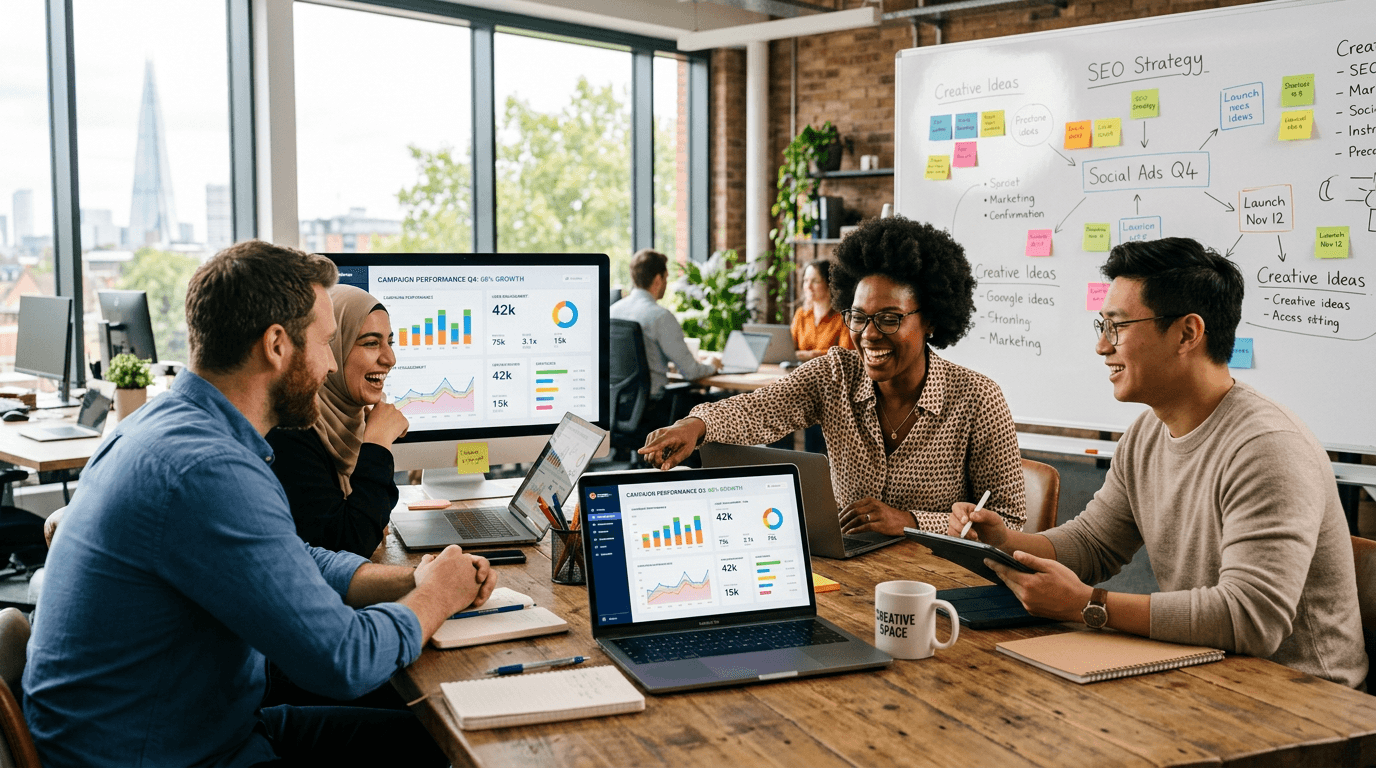 Marketing professionals collaborating around screens showing campaign analytics and AI-powered content tools in a modern office