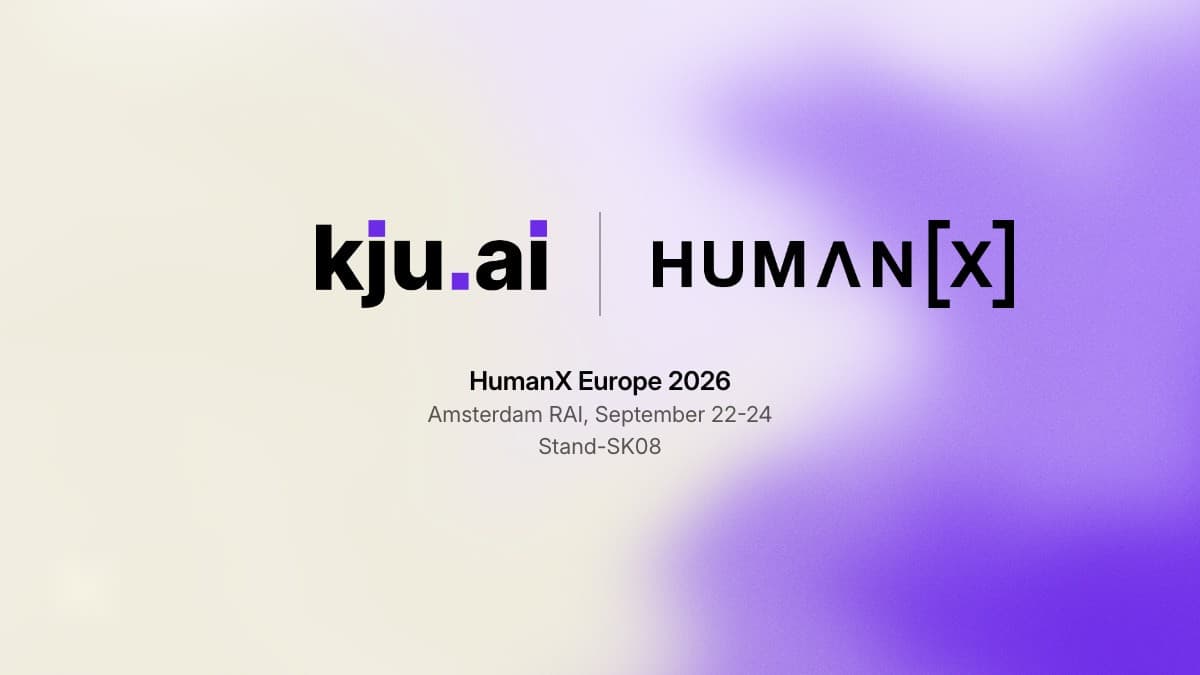 The kju.ai and Human[x] logos side by side on a cream and purple gradient, announcing kju.ai at Human[x] Europe 2026 in Amsterdam from 22 to 24 September at stand SK08