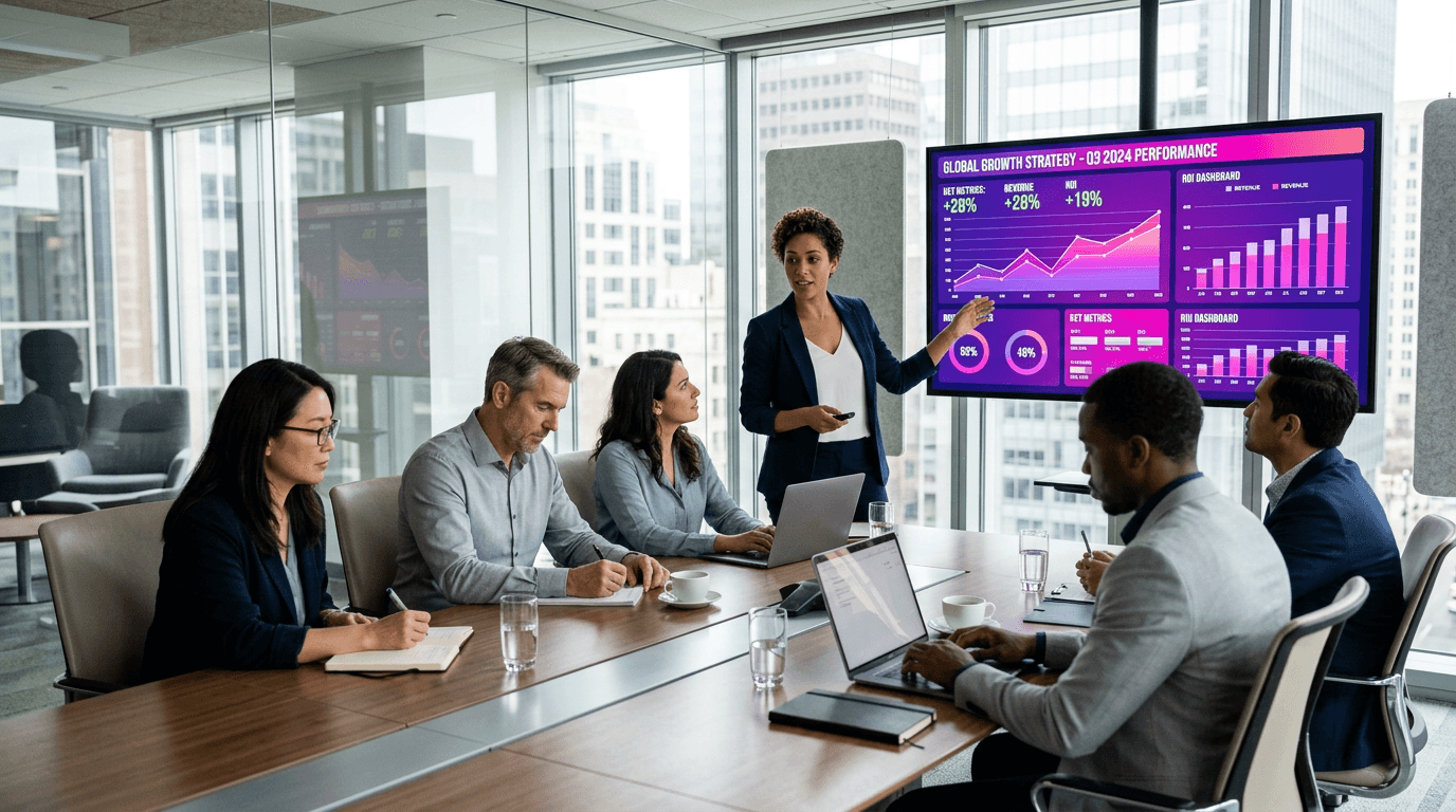Business professionals in a modern meeting room reviewing AI training analytics dashboards showing upward ROI trends
