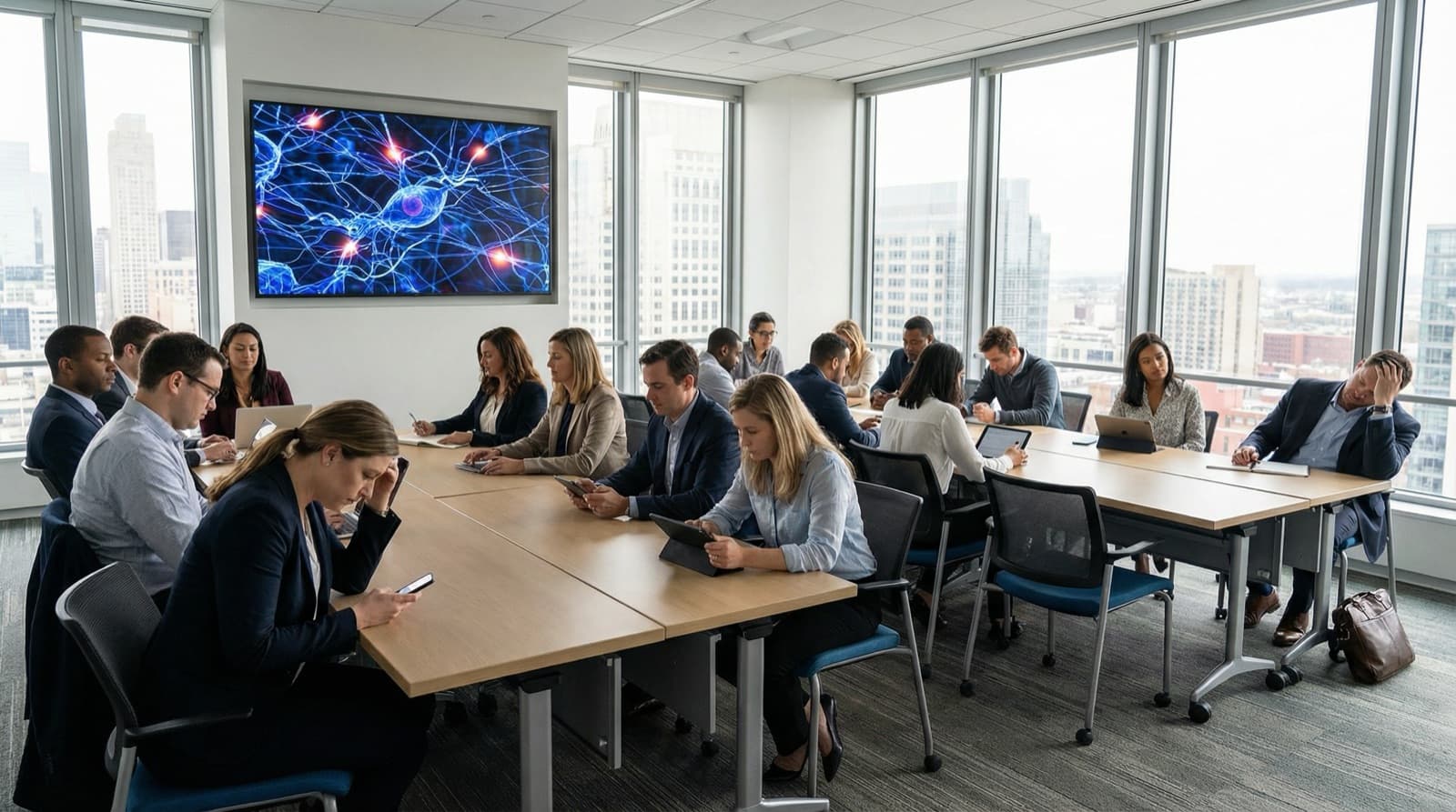 Corporate training room where professionals appear disengaged during an AI presentation