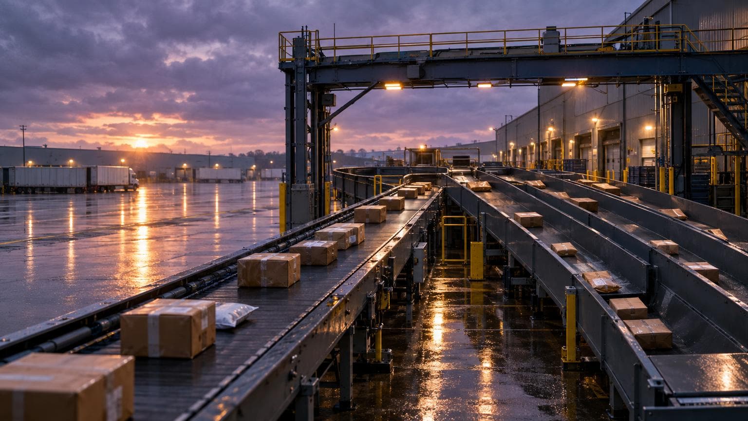 Parcel conveyor lines at a distribution center at dusk, splitting into separate sorting chutes under a steel gantry, like work being routed between AI agents and the people who supervise them