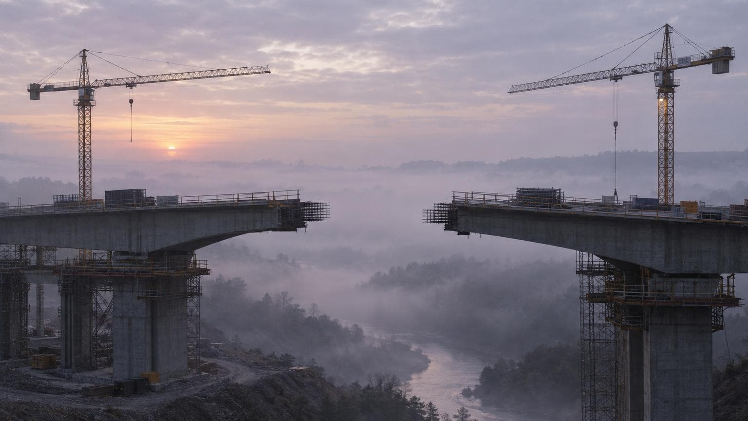 Two unfinished concrete bridge spans, each with a tower crane, reaching toward each other across a misty river valley at dawn, for a guide to closing the AI skills gap with upskilling