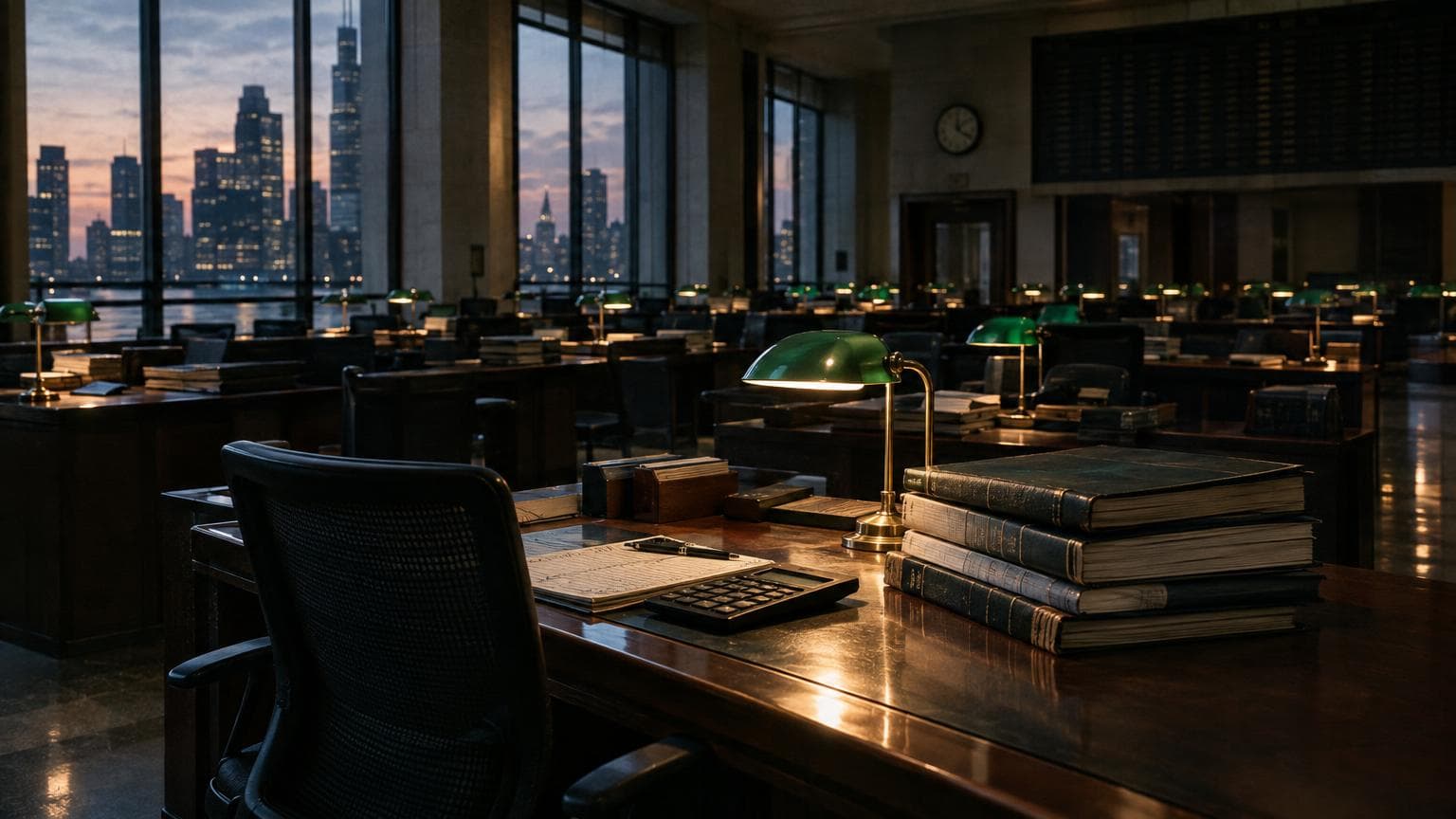 Finance professional working at a desk with dual monitors showing financial dashboards in a modern corporate office
