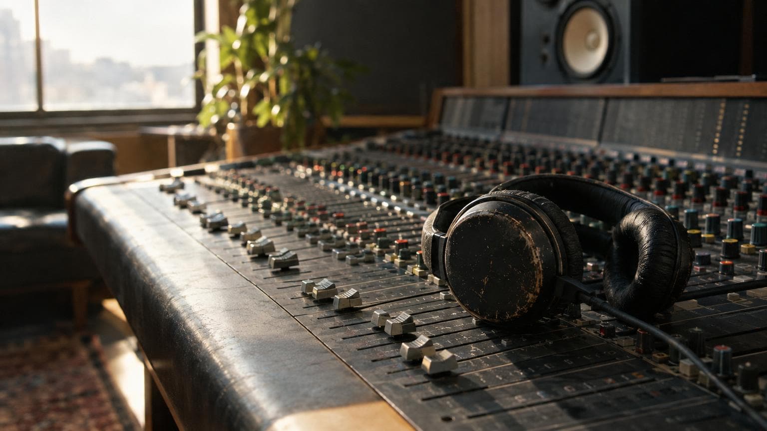 Worn headphones resting on a recording studio mixing desk in warm window light, for a guide to AI fluency and how practice builds it