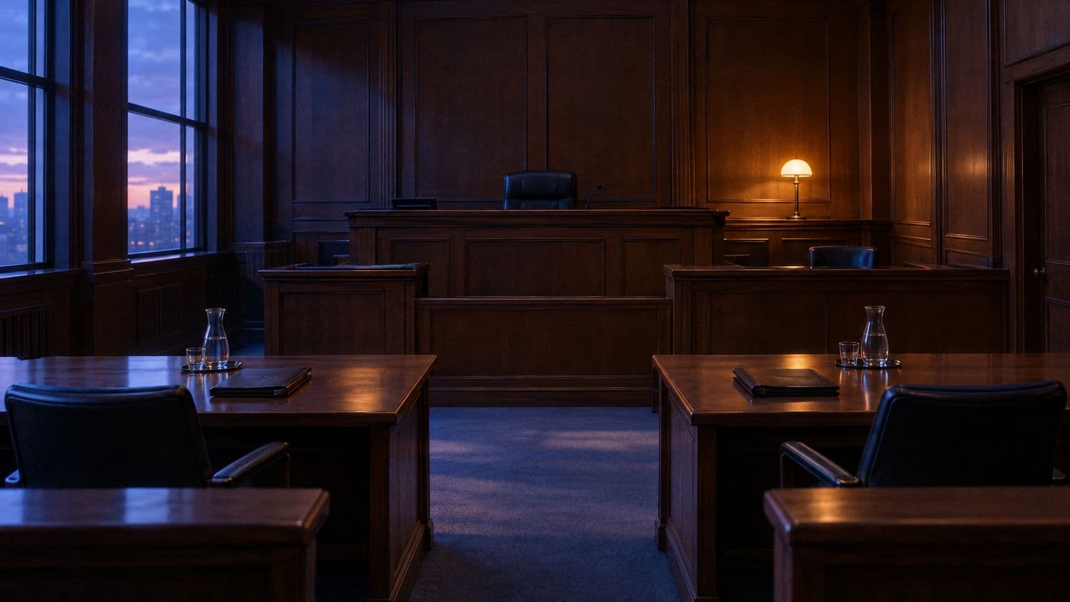 An empty wood-paneled courtroom at dusk with two counsel tables facing the judge's bench, a quiet setting for the question of what AI changes in a lawyer's work