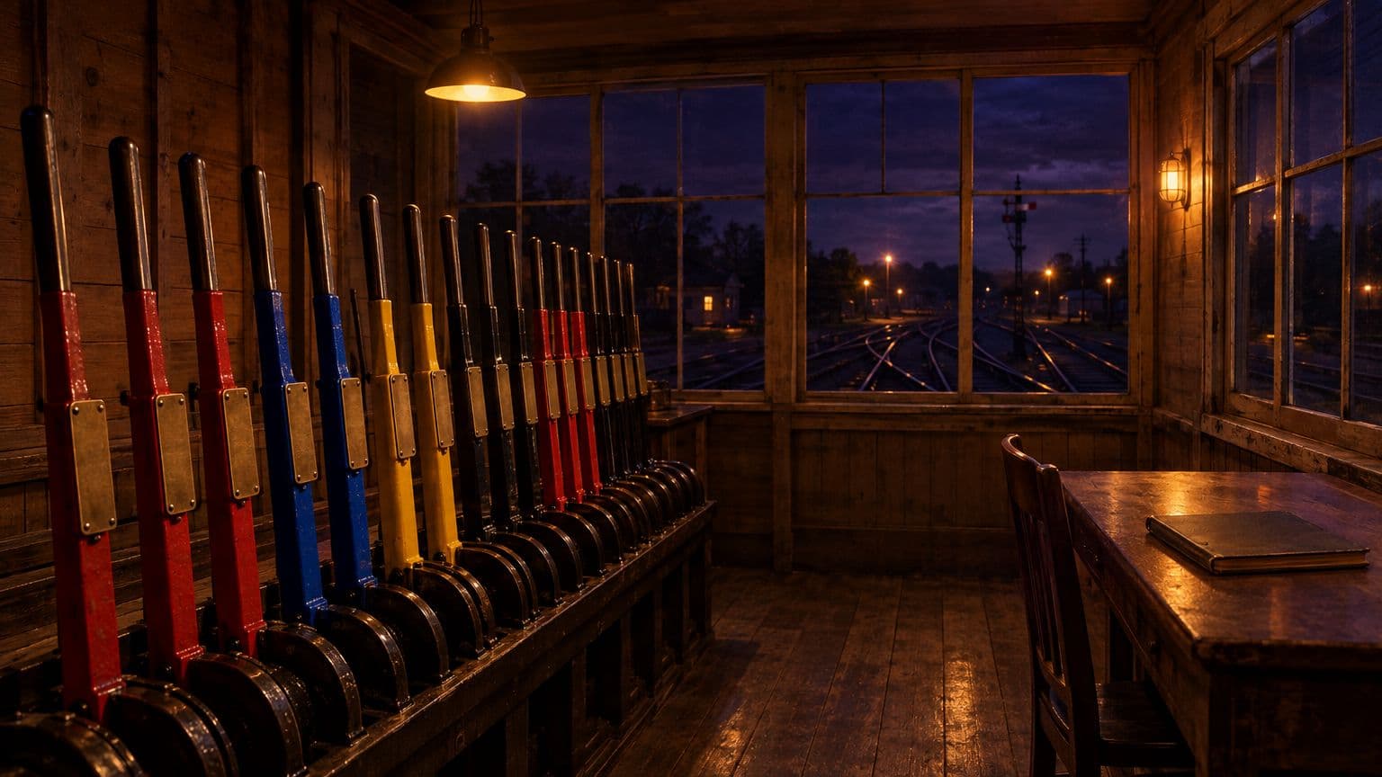 The empty interior of a railway signal box at night, a row of red, blue and yellow levers facing converging tracks, a picture of coordinating many moving parts