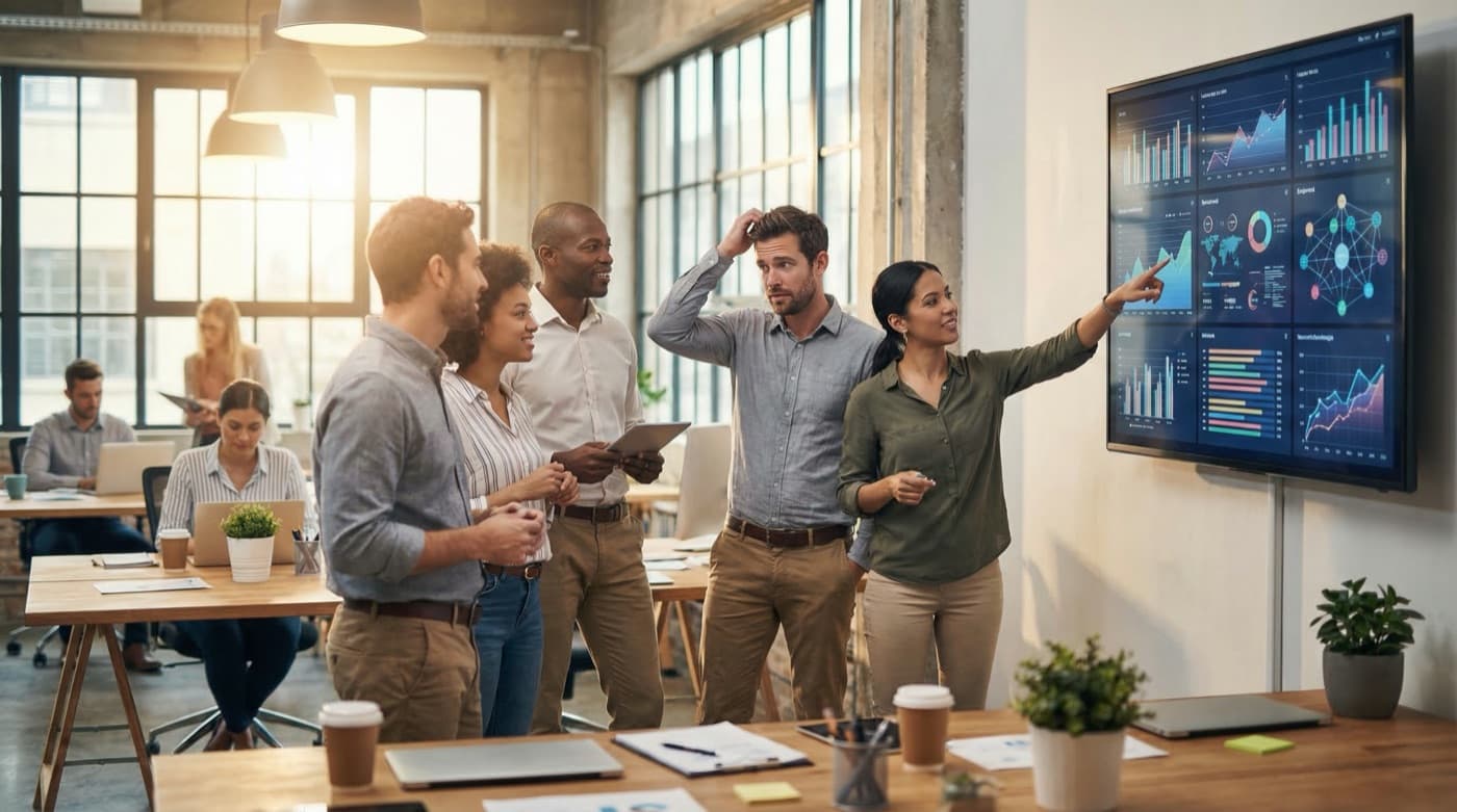 Professionals in a modern office gathered around AI analytics dashboards, some engaged and others uncertain about the technology