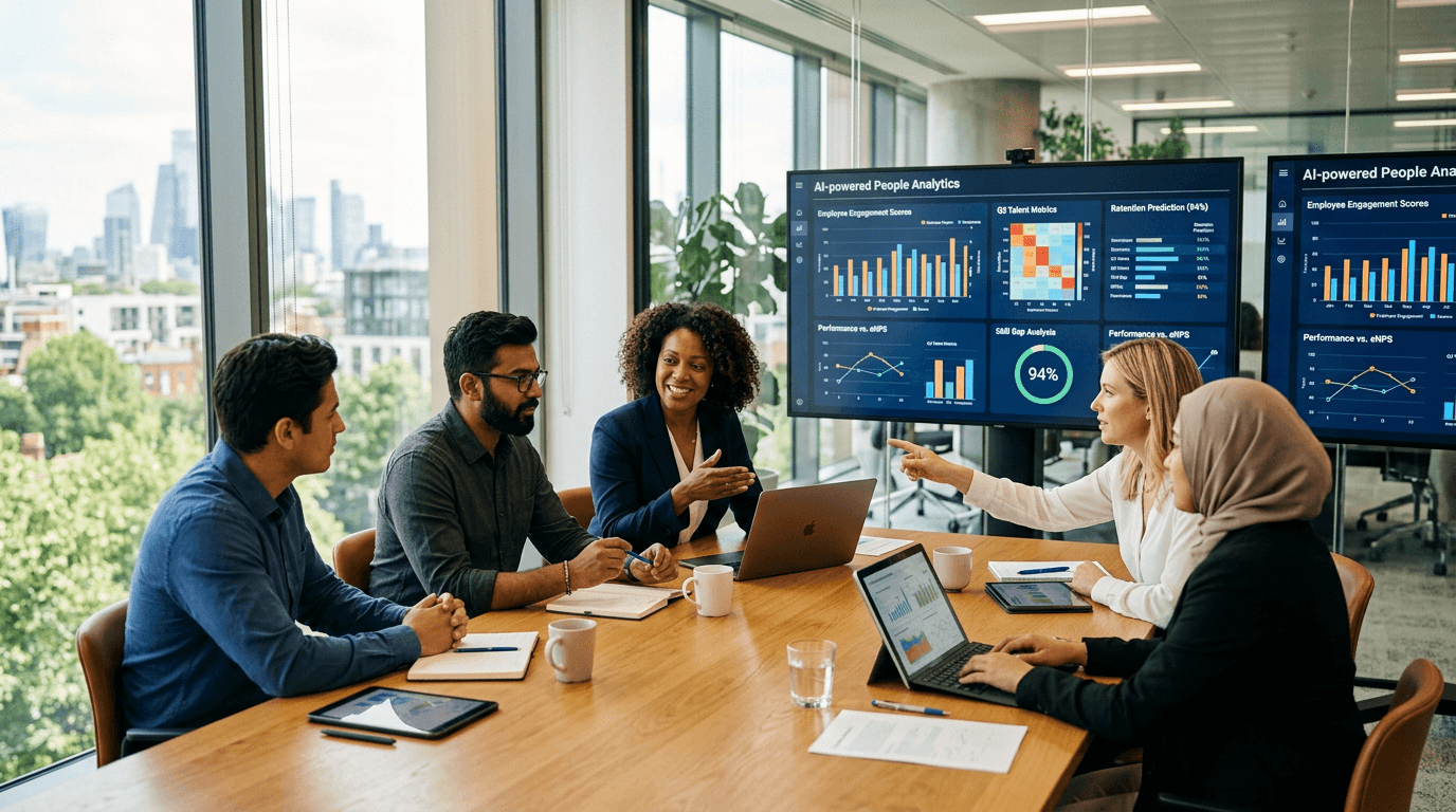 HR professionals collaborating around a modern office table with data visualizations and AI-powered analytics dashboards on screens