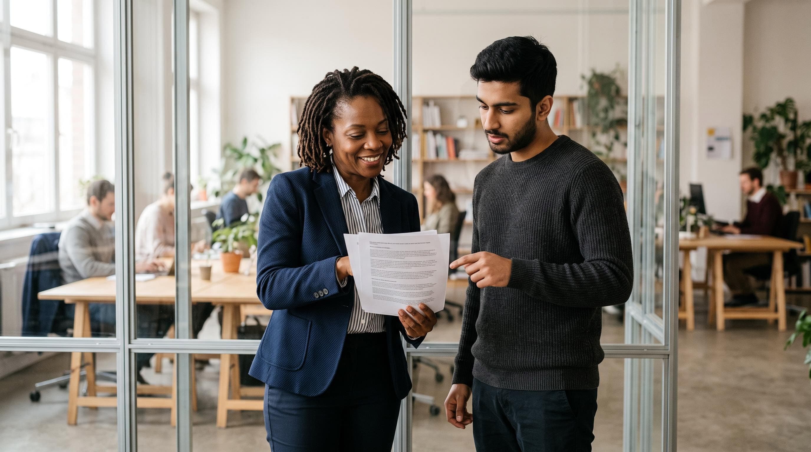 Two colleagues reviewing printed AI policy documents together in a bright European office, illustrating EU AI Act transparency and AI literacy obligations
