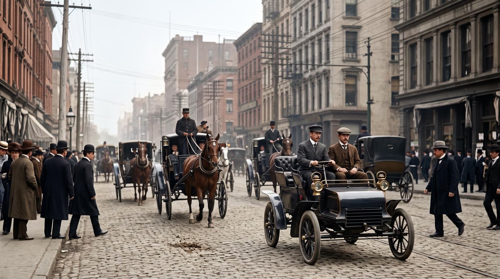 A New York City street around 1905 where horse-drawn hansom cabs share the cobbles with the first motor cars, the moment one technology began replacing another