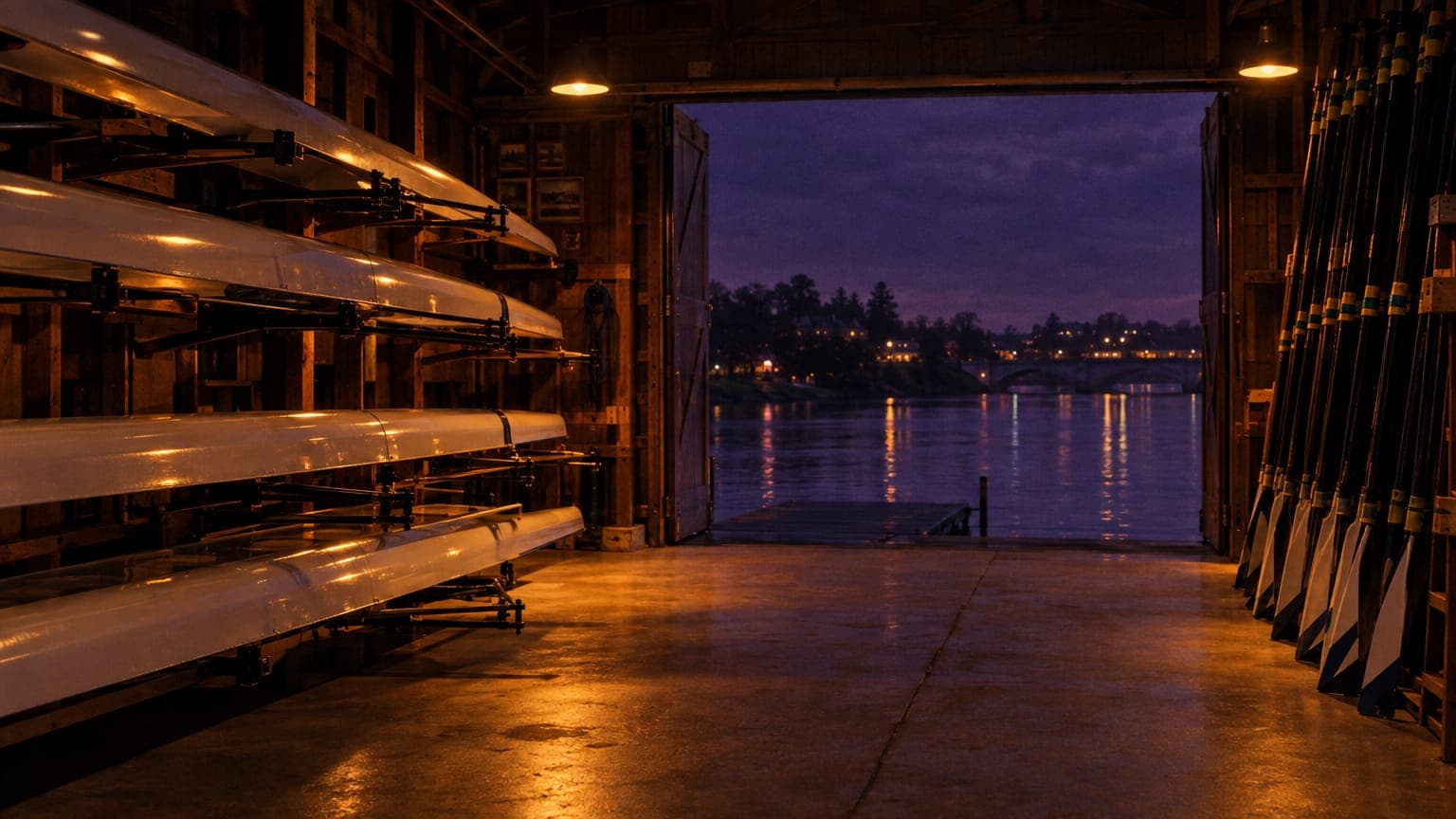 Racing shells stacked on racks and oars standing in a row inside a rowing club boathouse at dusk, its open doors facing a river and a lit bridge, for a guide to AI literacy training for employees