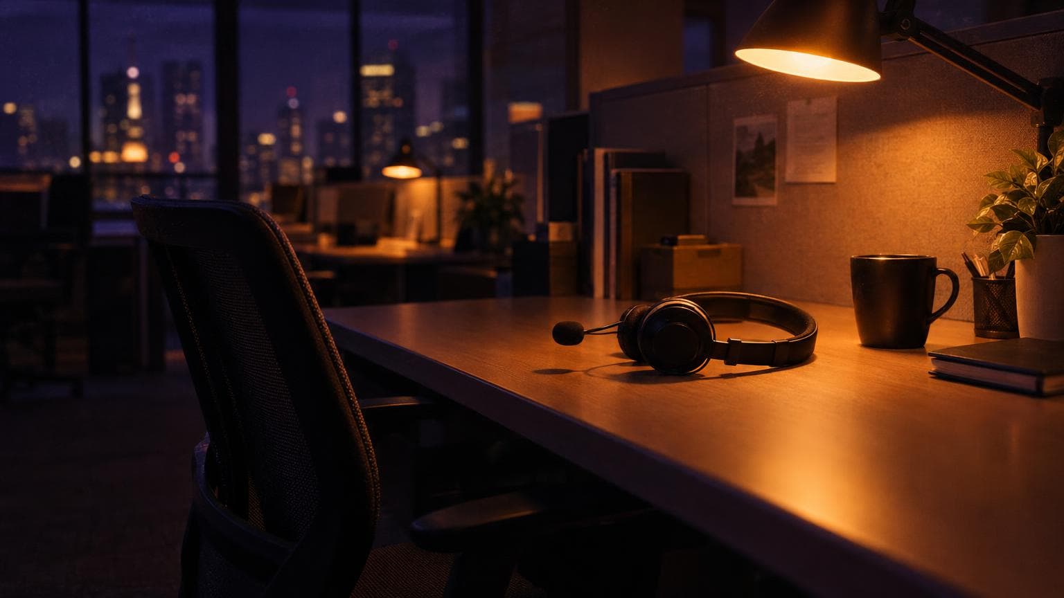 Customer success manager on a video call with a client, laptop and dashboard monitor visible in a modern office with warm lighting