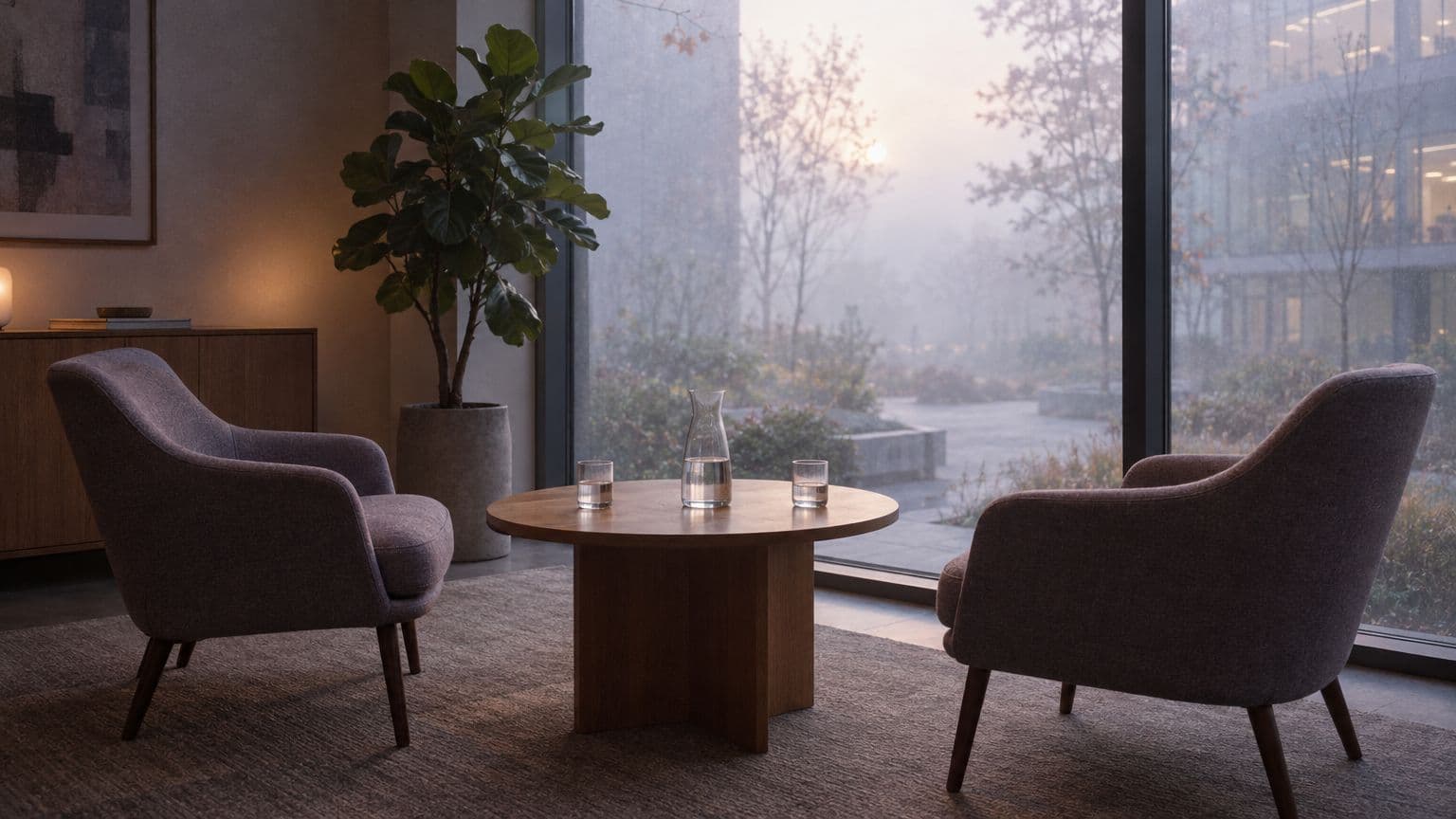 A quiet office interview room at misty dawn with two armchairs facing each other across a small table, a reminder that hiring and people conversations stay human as AI enters HR